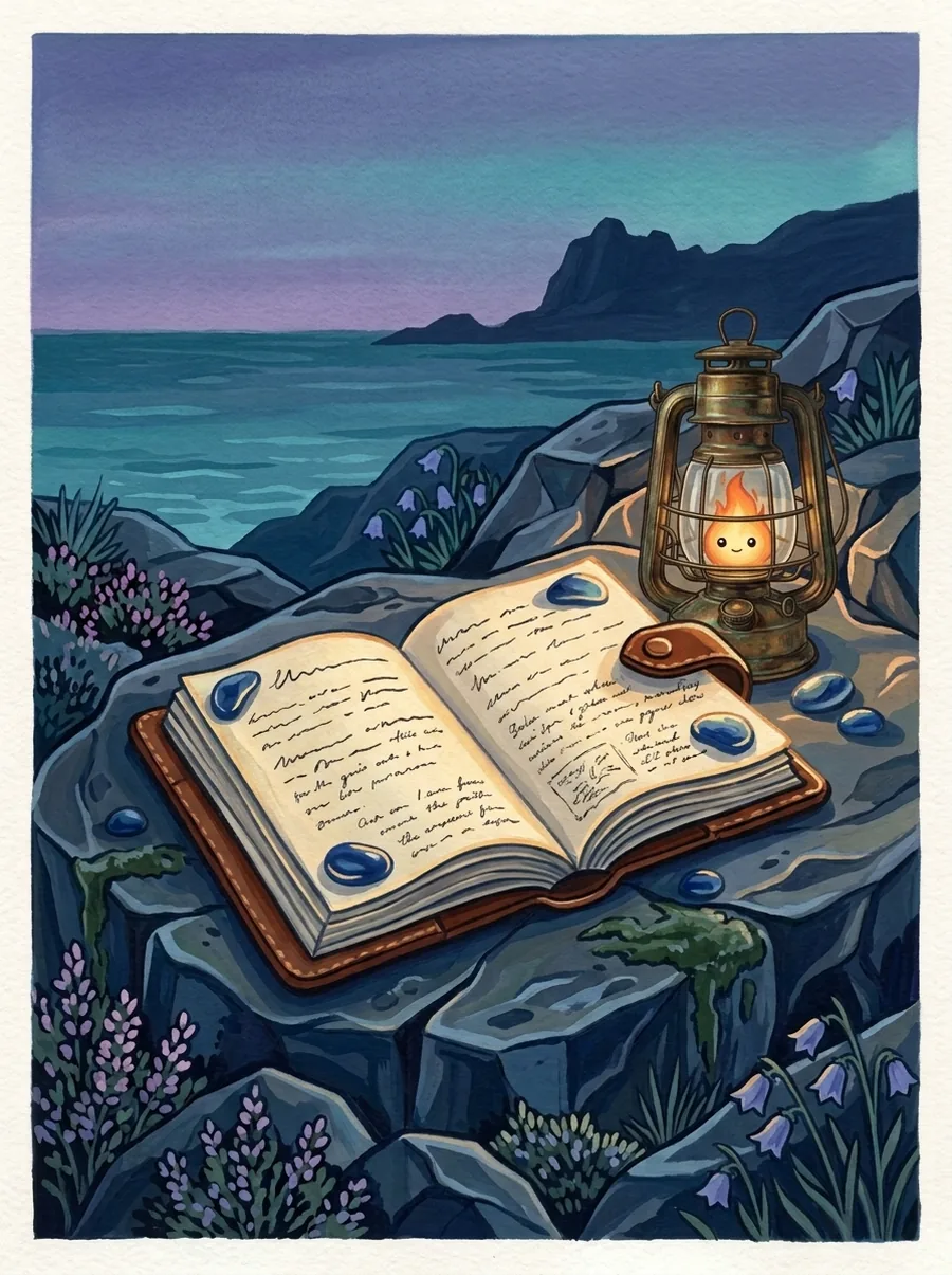 An open leather logbook on mossy basalt at dusk, a small brass lantern glowing beside it