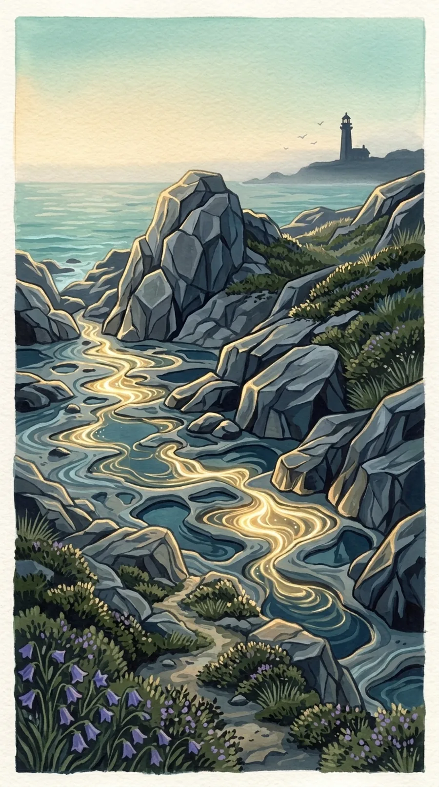 A rocky northern shoreline at dawn, tidal pools threaded with warm light, a dark lighthouse on the headland