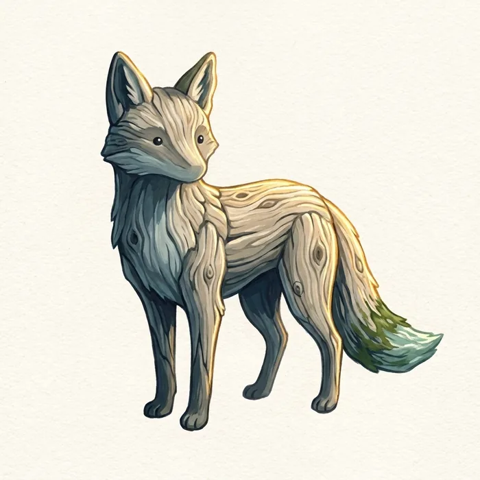 A slim fox made of pale driftwood grain with a mossy tail tip